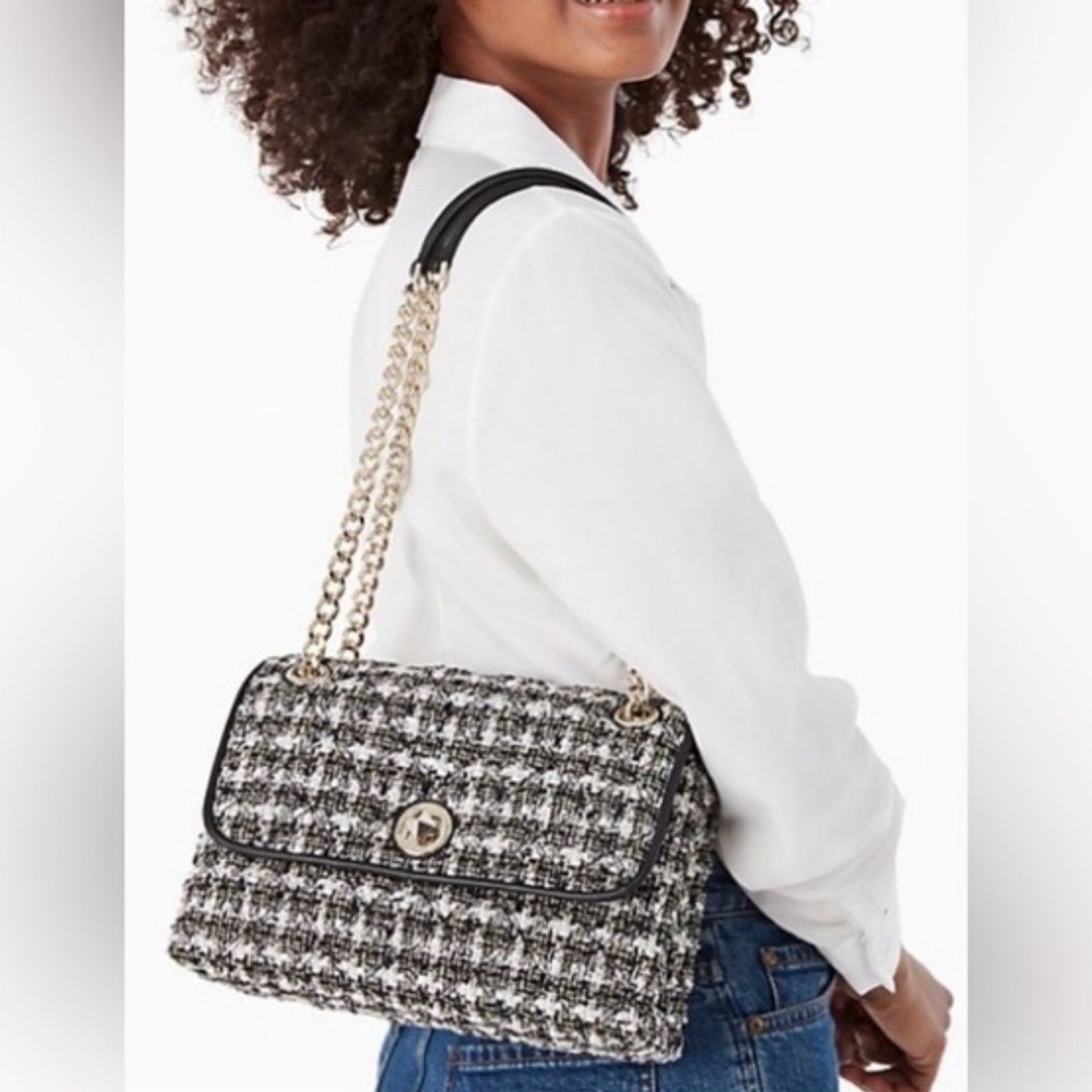 Kate Spade Natalia Tweed Medium Flap Shoulder Bag Black White